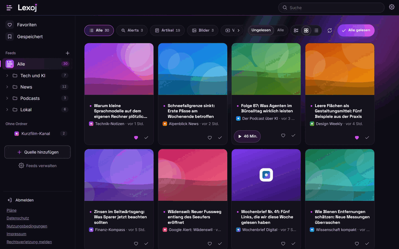 LEXOJ desktop view: sidebar with feed folders, next to it unread articles as tiles with source and age