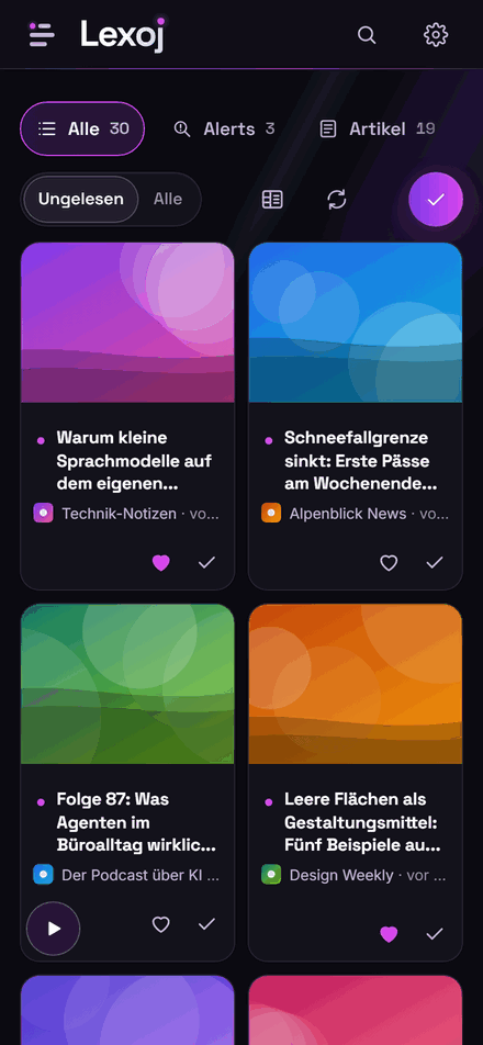 LEXOJ on a smartphone: the same articles as two-column tiles